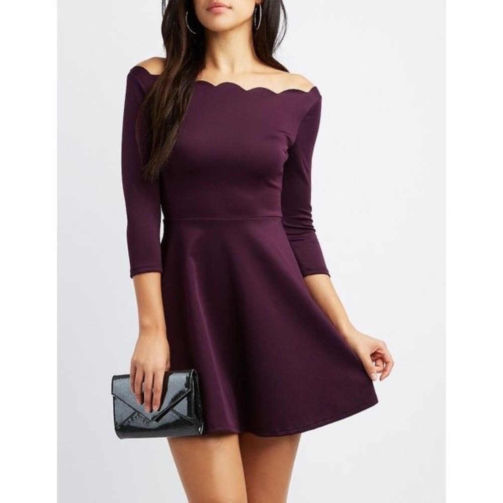 Purple Scalloped Off-The-Shoulder Skater Dress